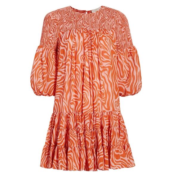 Cinq à Sept Dresses & Skirts - Cinq a Sept Billowed Sleeve Rika Dress Size 6 Orange Pink Smocked Boatneck NWT